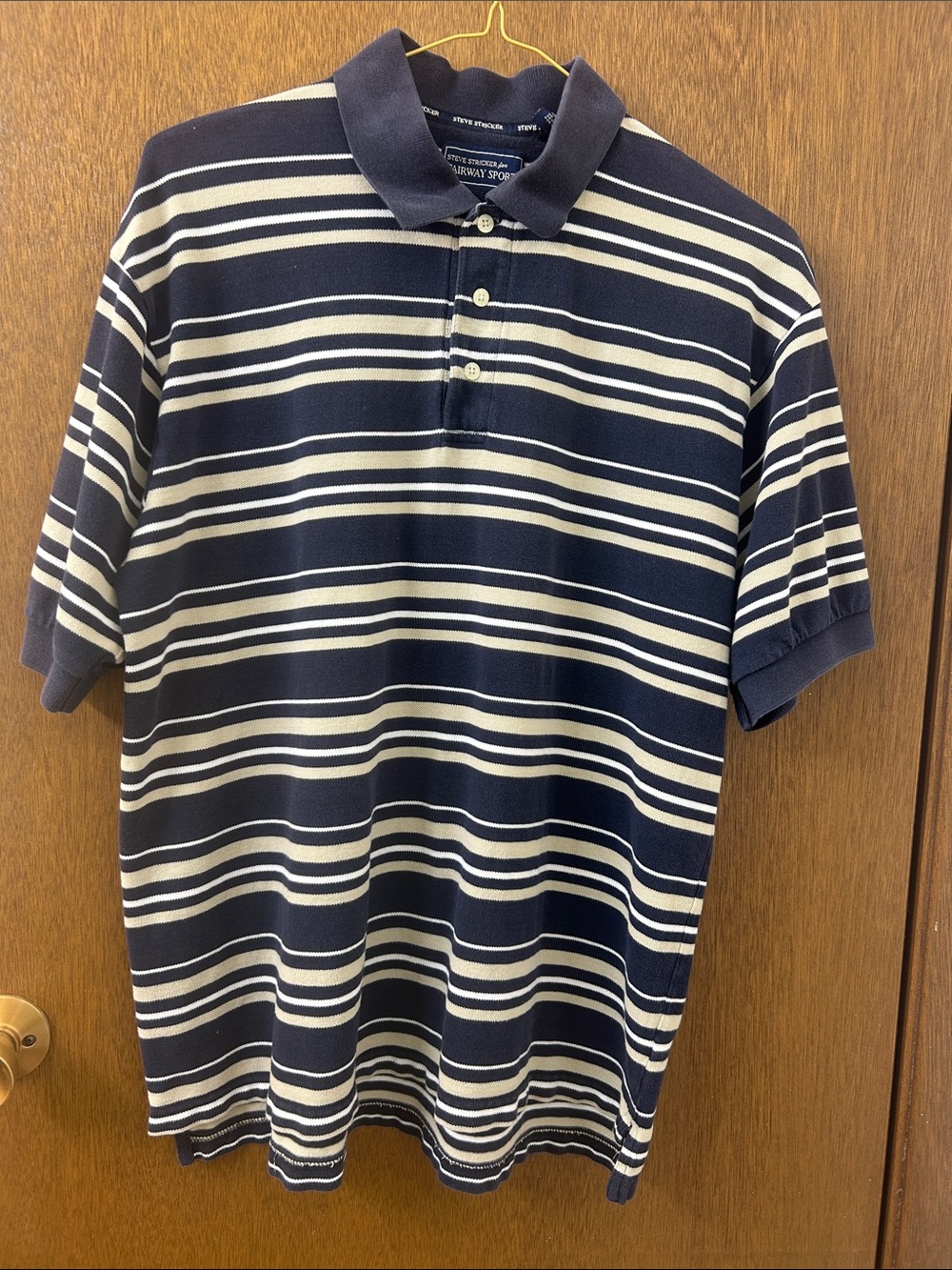 Men’s Navy & White & Tan Striped Polo Shirt by Steve Stricker for Fairway Sport